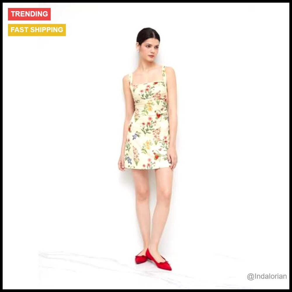 Floral Mini Dress Square Neck Sleeveless Ruched Cocktail Summer Trendy - Picture 5 of 6